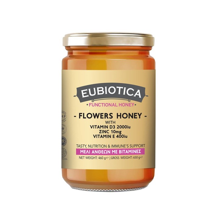 Eubiotica Flowers Honey W/ Vitamin D3 , Zinc & Vitamin E, Honey, 460gr x 2000iu+10mg+400iu
