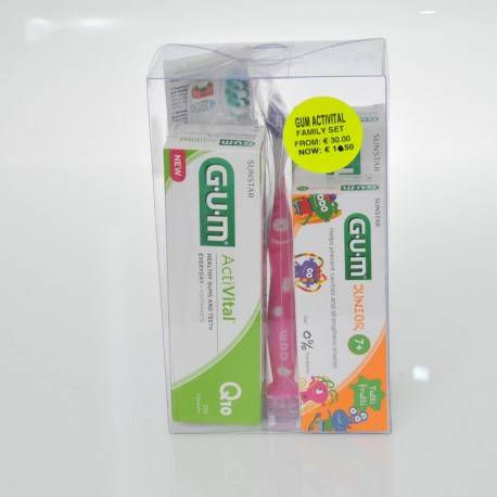 Gum Activital Family Set. Includes 2 Actival Toothpastes 2 Technique Toothbrushes 1 Toothpaste Junior Monster 7+ 1 Toothbrush Junior Monster 7 9