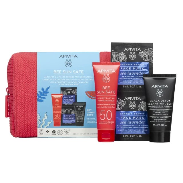 Apivita Bee Sun Safe Anti-Spot & Anti-Age Defense Face Cream SPF50 50ml & Black Detox Cleansing Gel 50ml & Express Beauty Sea Lavendere Face Mask & Pouch