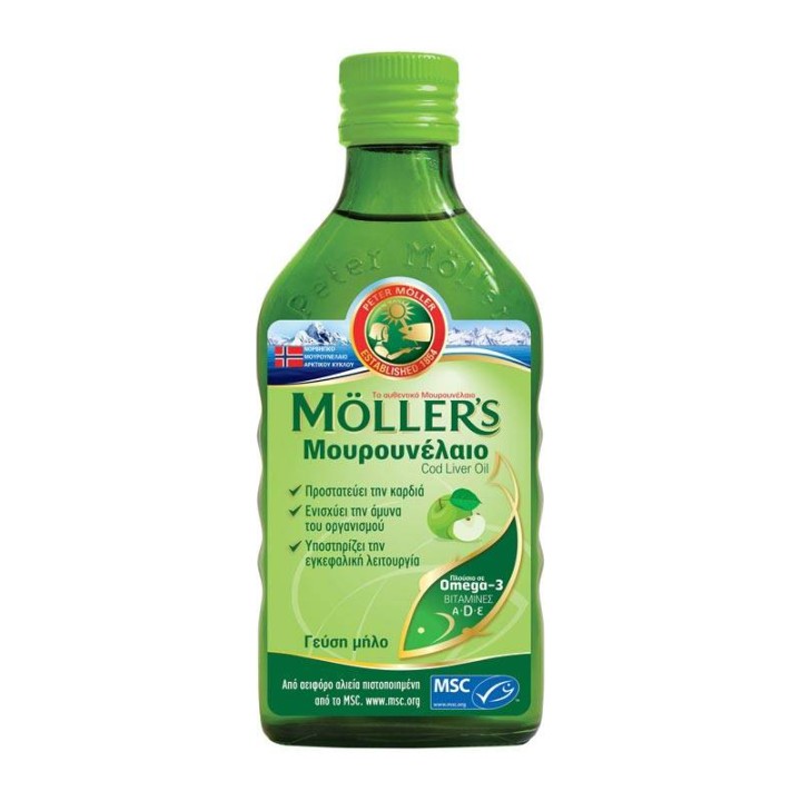 Mollers Cod Liver Oil Natural Source Of Omega 3 Fatty Acids& Vitamins D3 A E. Apple Flavor 250ml