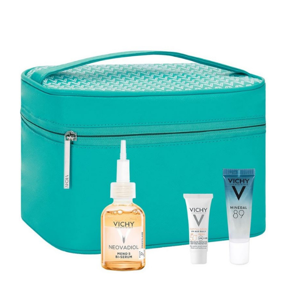 Vichy Offer Pack with Neovadiol Meno 5 Bi-Serum Facial Serum, 30ml & Mineral 89 Facial Hydration Booster, 10ml & UV-Age Daily Anti-Wrinkle Sunscreen SPF50+, 3ml & Toiletry Gift