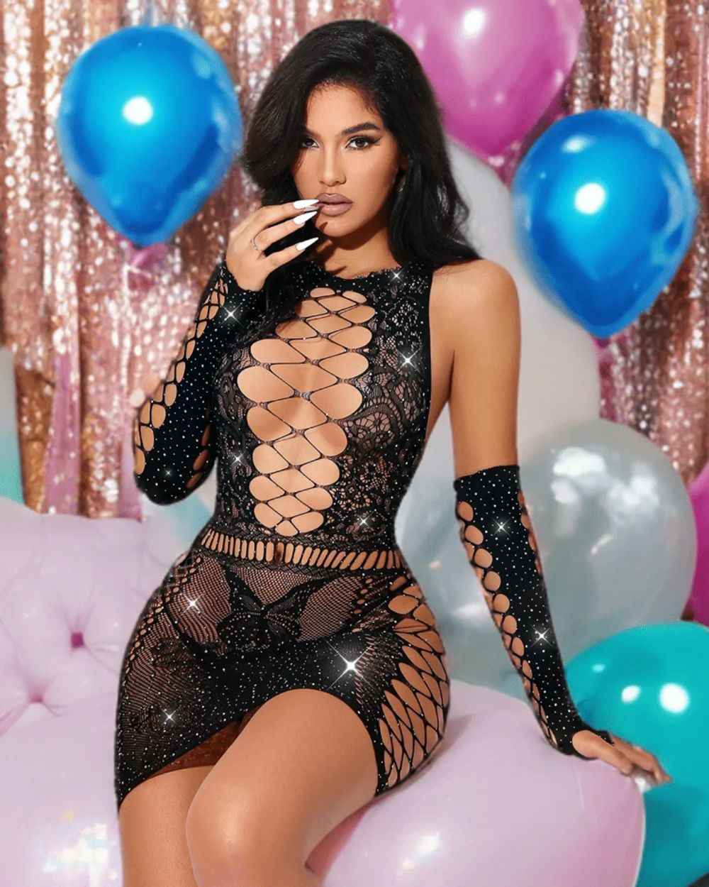 SEXY BLACK DRESS AND GLOVES WITH RHINESTONES O/S