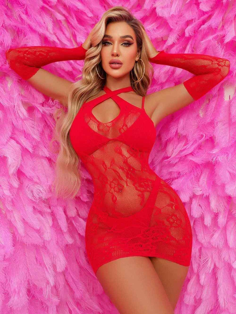 CROSSING MINI RED DRESS WITH GLOVES S/L