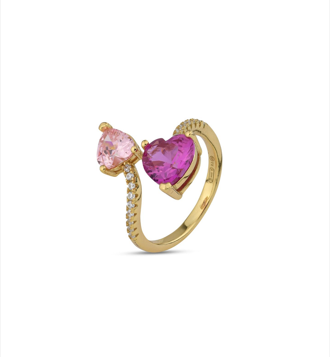 Yellow gold plated ring with two pink heart zircons and ruby