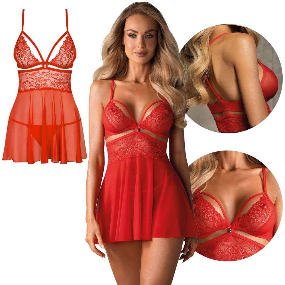 OBSESSIVE 838 - SEXY BABYDOLL AND STRING RED L/XL
