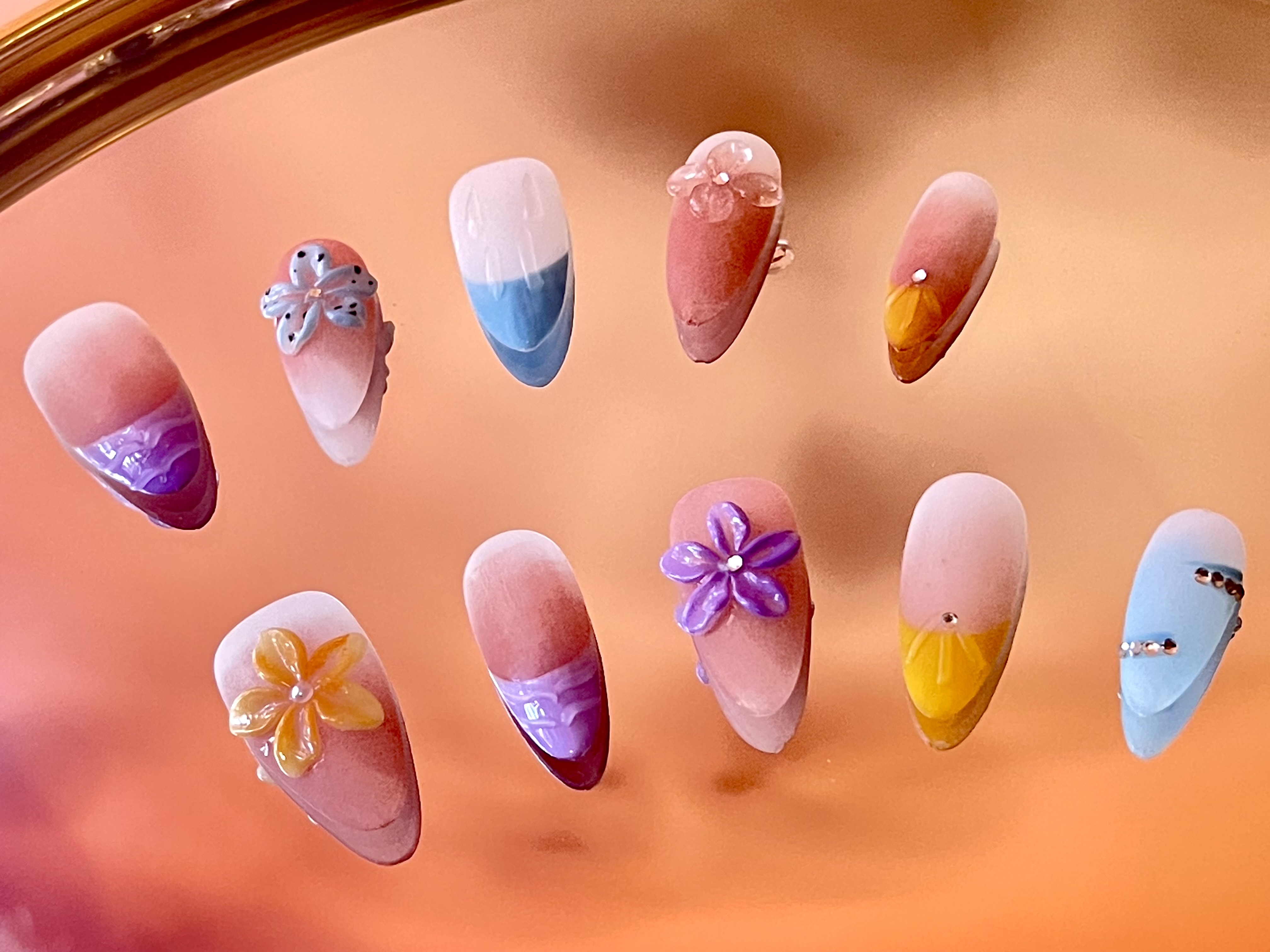 Sunset Sorbet Bloom – 3D Floral Ombre Press-On Nails| Size S