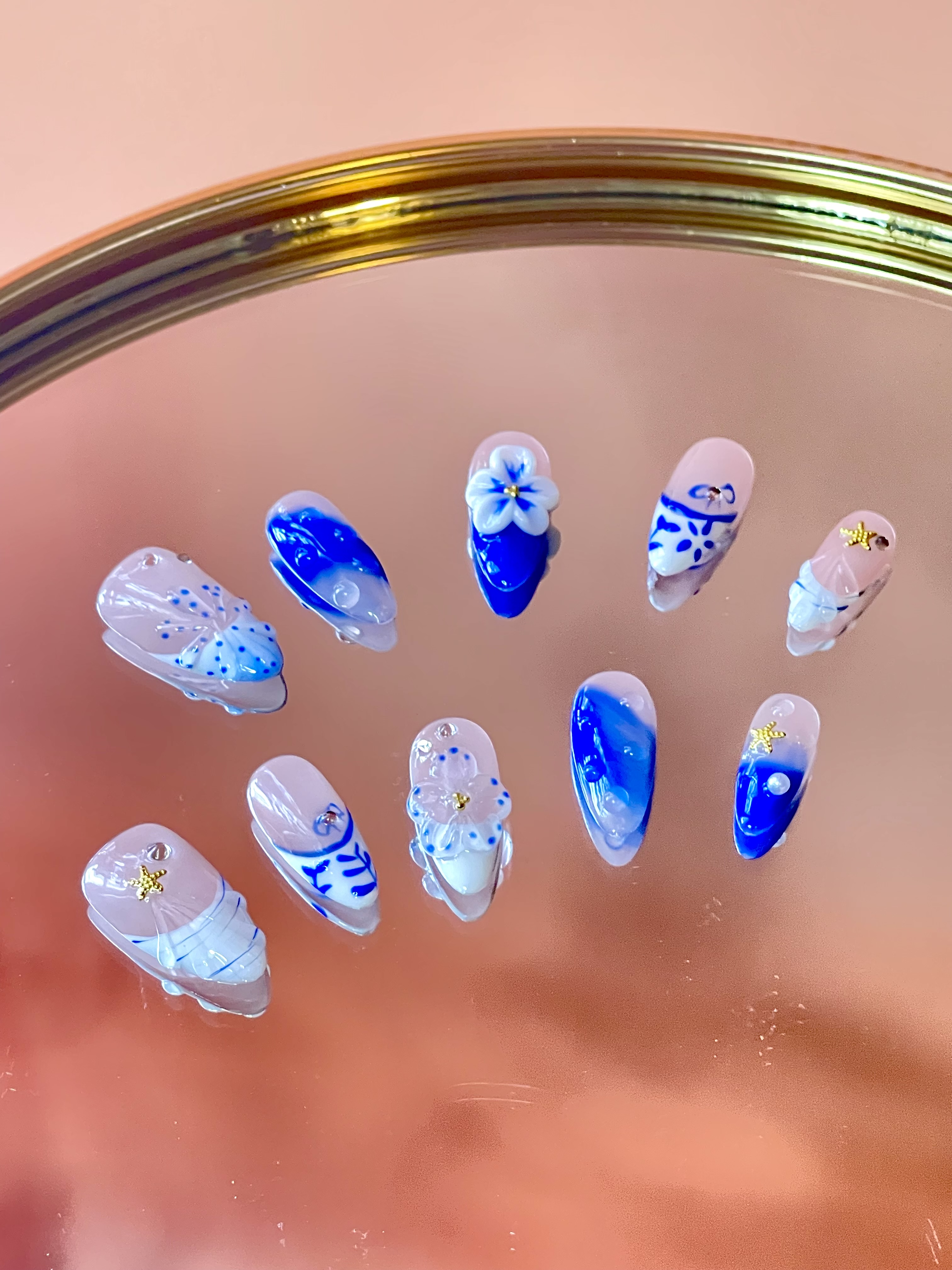 Blue Blossom Press-On Nails – Almond Shape, Medium Length, Size S