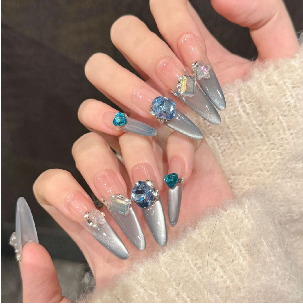 Frozen Heiress | Silver Chrome Press-On Nails with Luxe Gemstones| Size M