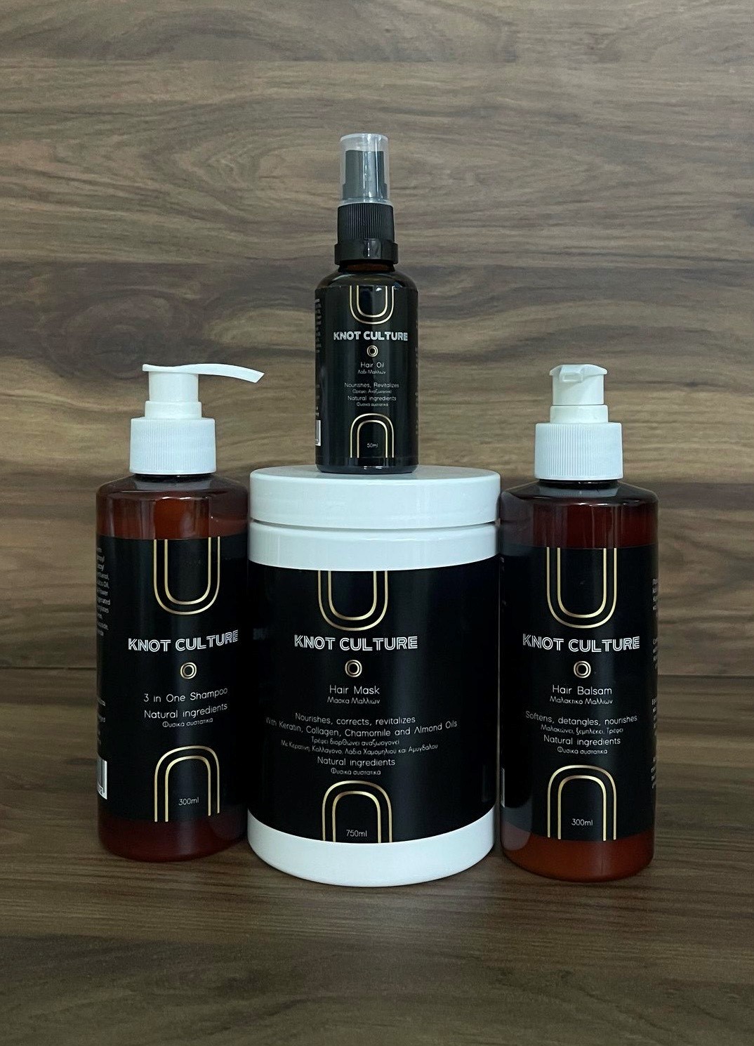 Kit with the 4 products:  Knot Culture 3 in 1 shampoo 300ml + Knot Culture Hair Balsam 300ml + Knot Culture Hair Mask 750ml + Knot Culture Hair Oil 50ml