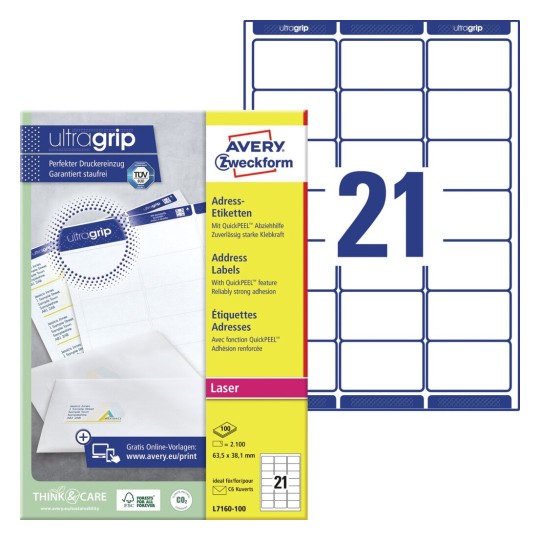 Avery Zweckform Economy/Avery Labels 70x29.7mm ELA047 – adhesive printer labels, A4 sheet format, compatible with Avery templates