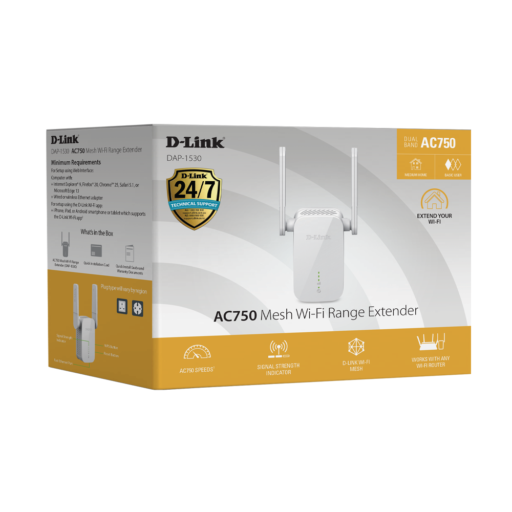 Dlink Wi-Fi Range Extender Ac750, Dual Band 750Mbps (2.4G + 5G), 802.11Ac /N/G/B/A, Wps, 2 External Antennas, Lan 10/100, Management Through Mobile App, 1Kv Surge, 6Kv Esd Protection