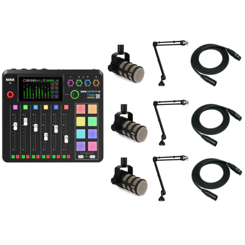 Rode Rodecaster Pro II Podcasting Bundle X3 full podcasting setup with 3 mics