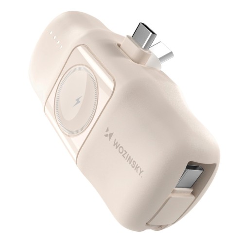 Wozinsky Wf16-Ycs 5000Mah 15W Usb-C Mini Power Bank With Built-In Usb-C Cable And Apple Watch Charger - Beige