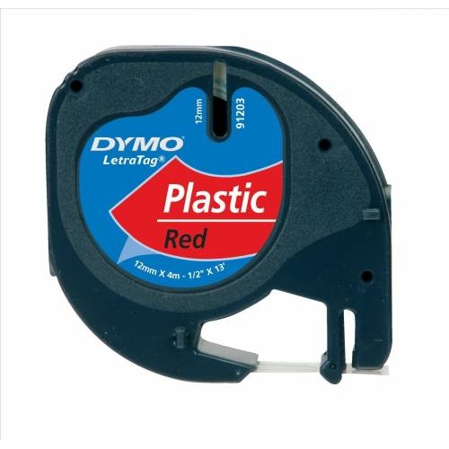 Dymo Tape for LetraTag 12mm x 4m Black on Red 91203 / S0721630 – red labeling tape with black print, suitable for home or office use