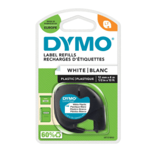 Dymo Tape 12mm x 4m Black on White Plastic 91201 – durable plastic tape with black-on-white print