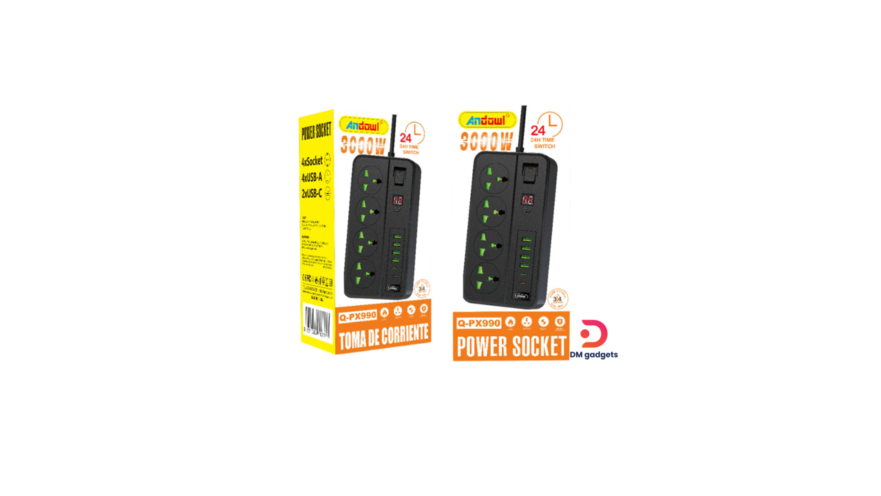 #340A1#Andowl®Q-PX900 4-way power strip with USB and Type-C ports 3000W-Socket-Black