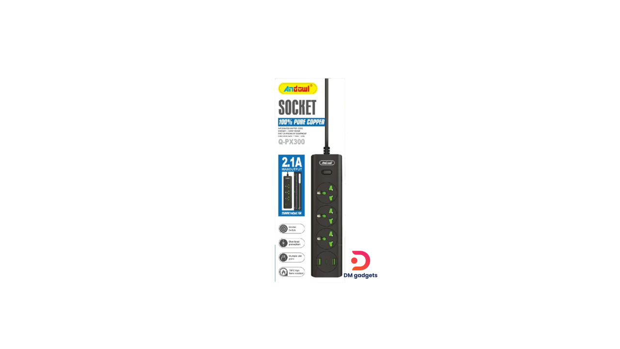 #340A2#Andowl®Q-PX300 Power Strip Socket with 3-Position English Plug + 2 USB Ports with Switch-Black