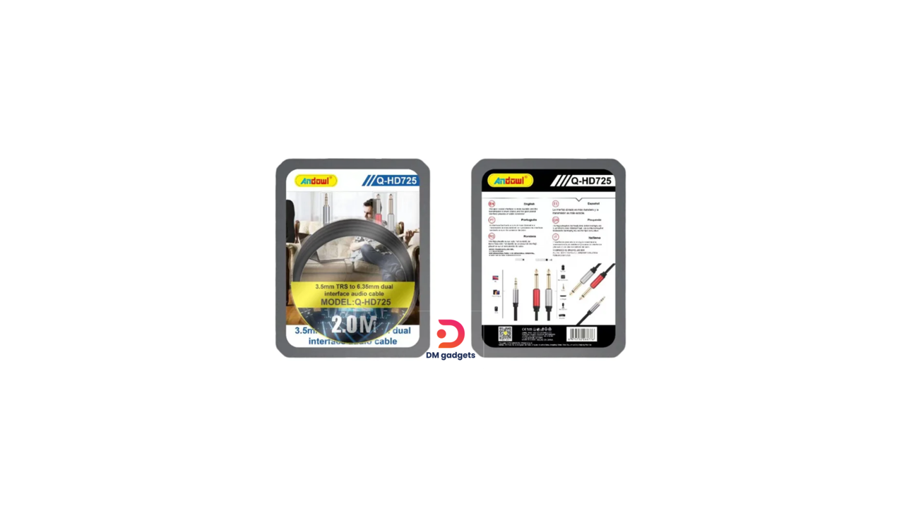 #537D#Andowl®Q-HD725 3.5mm TRS to 6.35mm 2.0M Audio Cable – Dual Interface Audio Cable-Silver