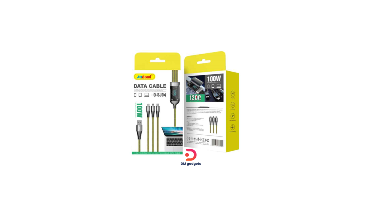 #354E#Andowl®Q-SJ04 3in 1 100w Led Display Data Cable Usb-a Micro, Type-c, Lightning 1200mm