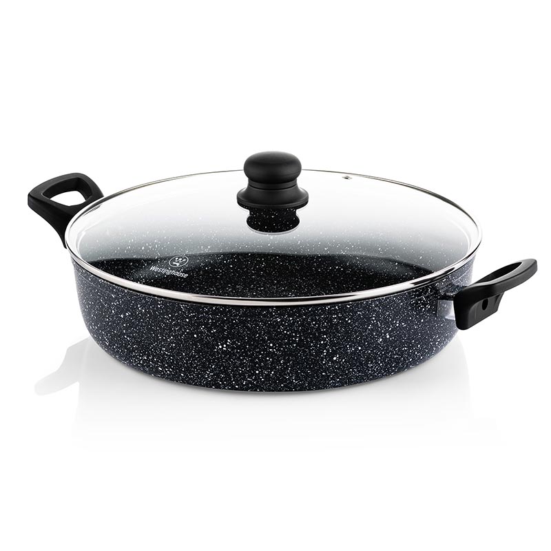 Shallow Aluminum Pot 32 cm With Non-Stick Marble Coating & Glass Lid