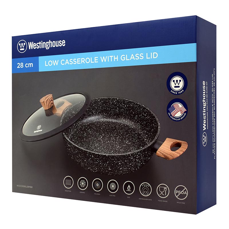 Shallow Aluminum Casserole 28 cm with Marble Non-Stick Coating & Glass Lid