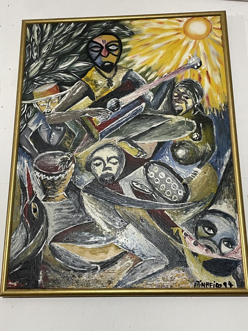 Vibrant Abstract Oil On Canvas By Pinheiro - Tribal Music Celebration 6Kg 71Cmx93Cm (Wxlxh)