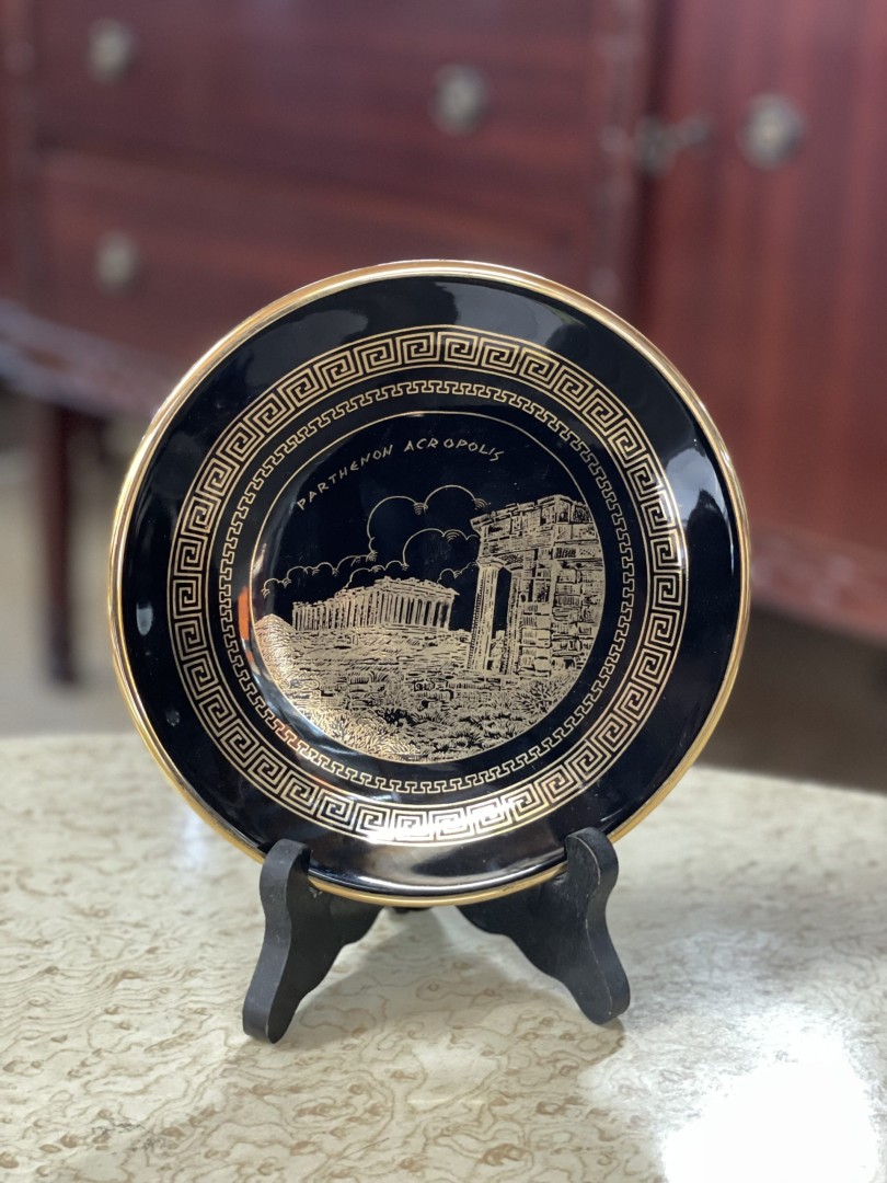 Vintage Greek Souvenir Plate With Parthenon Design  Handcrafted In 24K Gold By Kontos 0.6Kg 17Cmx17Cm (Wxlxh)