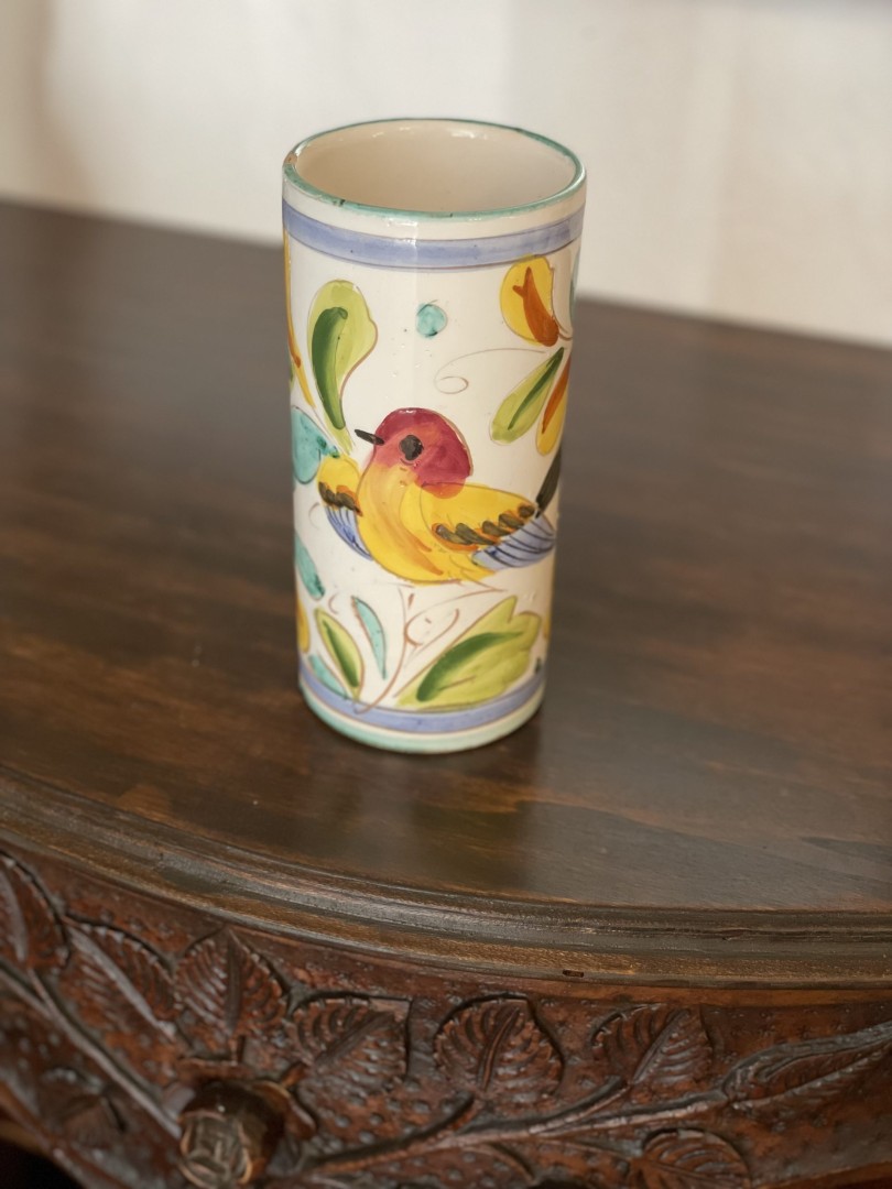Hand-Painted Ceramic Vase With Bird & Floral Motif Mid 20Th Century 1Kg 9Cmx9Cmx18Cm (Wxlxh)