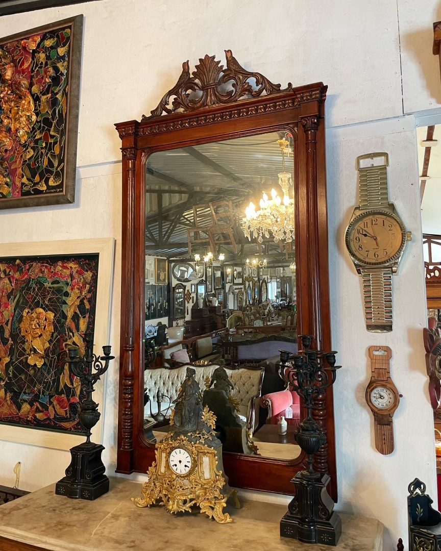 Antique Cypriot Handmade Mirror With Bird Carvings - Circa 1920 35Kg 91Cmx167.7Cm (Wxlxh)