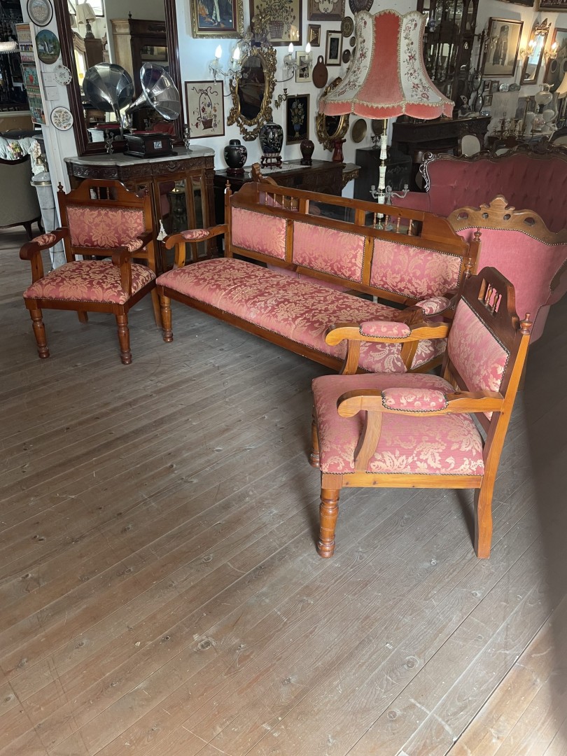 Cypriot Mid-Century Handcrafted Solid Wood Sofa Set With Red Damask Upholstery 3 Piece Traditional Living Room Set 100Kg  (Wxlxh)