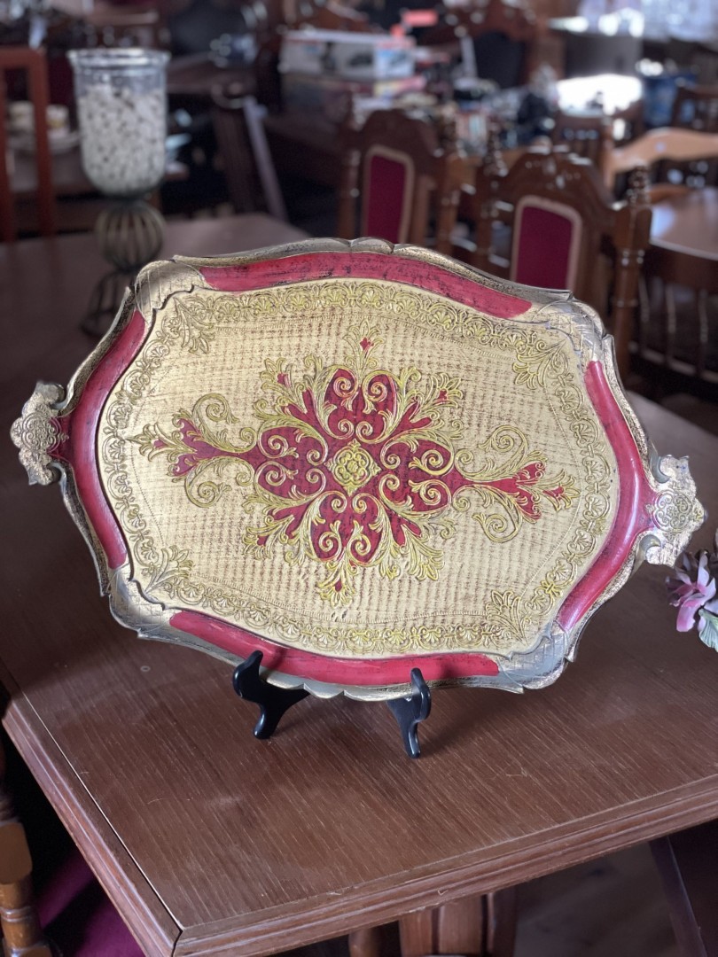Italian Florentine Red & Gold Wooden Tray Mid-20Th Century Baroque Revival Style 1.5Kg 60Cmx40Cm (Wxlxh)