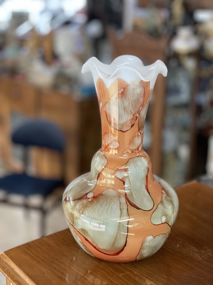 Stelvia Italy Art Glass Vase: Abstract Marble Effect In Orange Brown Tones 1Kg 23.5Cm (Wxlxh)