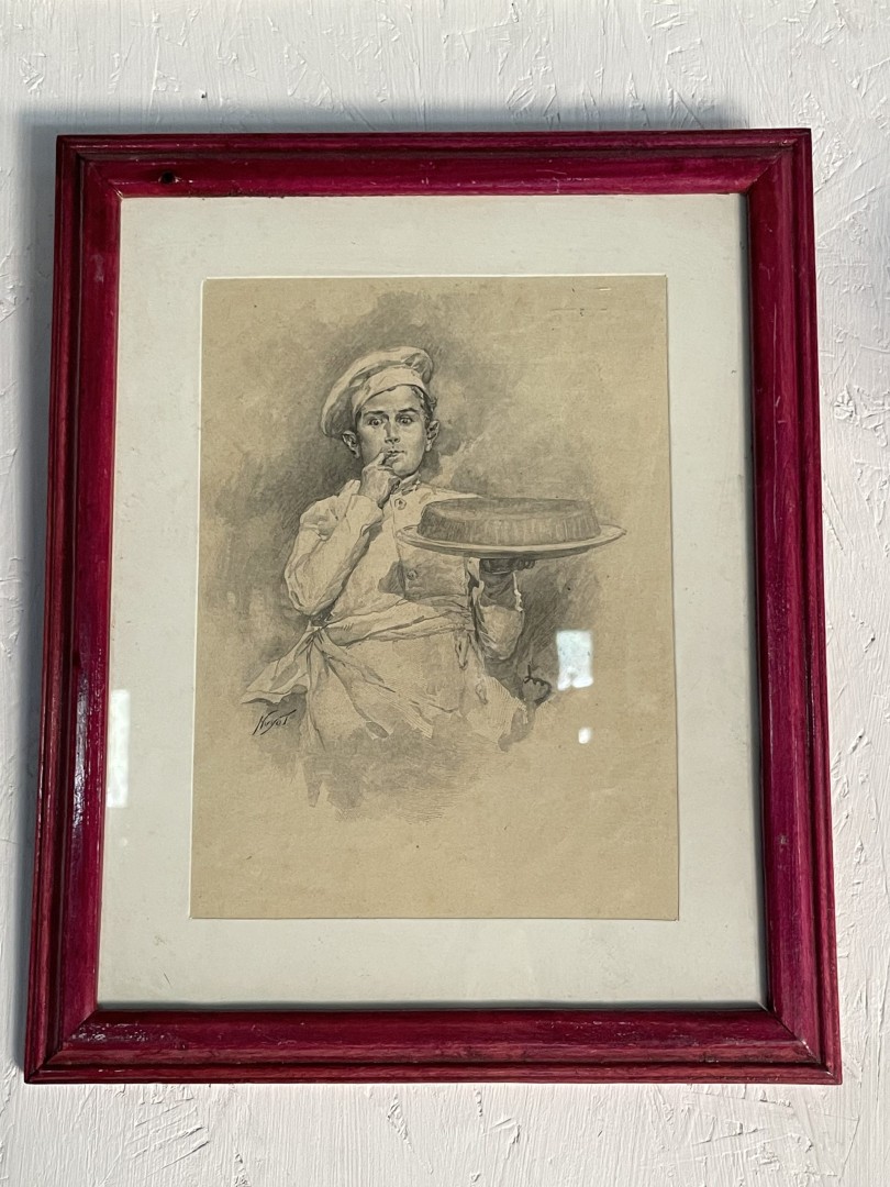 Charming French Artwork By Huyot Young Pastry Chef With Tart Early 20Th Century 0.8Kg 29Cmx29Cm (Wxlxh)