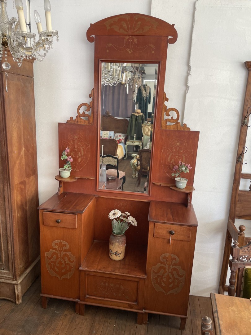 Antique Art Nouveau Vanity Cabinet With Mirror - Late 19Th To Early 20Th Century - Elegant Mahogany With Intricate Floral Inlays 70Kg 120Cmx42Cmx235Cm (Wxlxh)