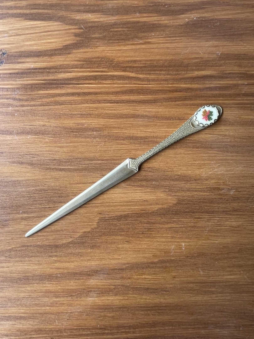 Vintage Gilded Brass Envelope Opener With Hand-Painted Floral Detail - Circa 1950S 0.5Kg 15Cm (Wxlxh)