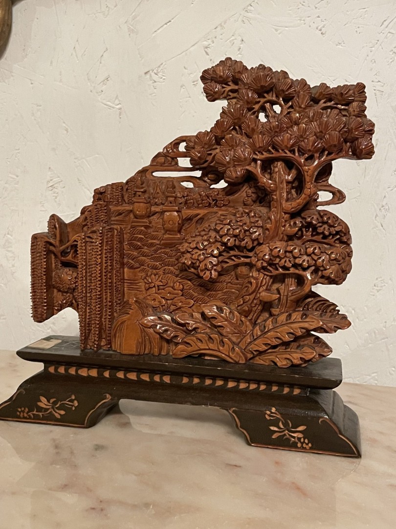Exquisite Chinese Hand-Carved Wood Sculpture - A Masterpiece Of Intricate Landscape Art 1Kg 23Cmx23Cm (Wxlxh)