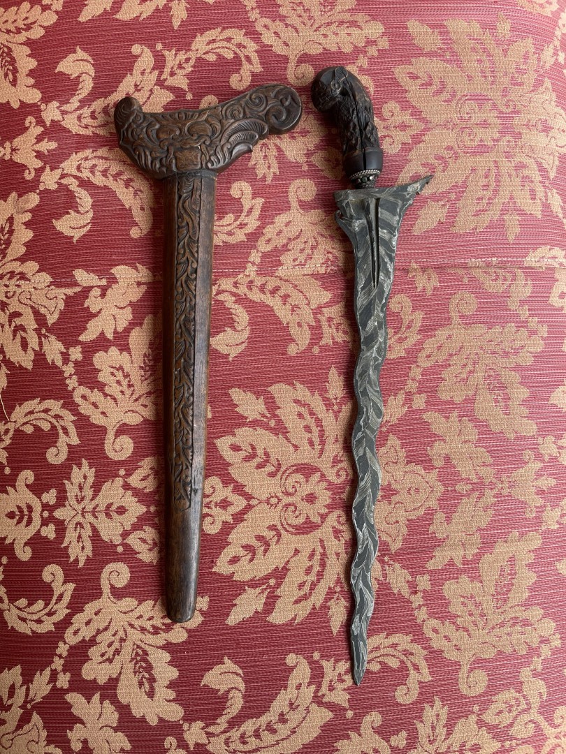 Antique 19Th Century Indonesian Keris Dagger Hand-Carved Wooden Sheath & Wavy Patterned Blade 1.5Kg 13Cmx45.5Cm (Wxlxh)