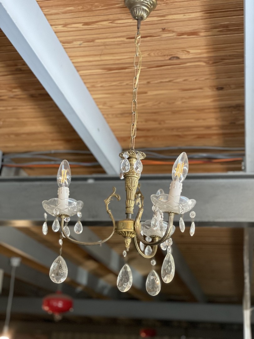 Vintage Brass Crystal Chandelier With Teardrop Pendants In Modern Industrial Setting 3Kg 38Cmx80Cm (Wxlxh)