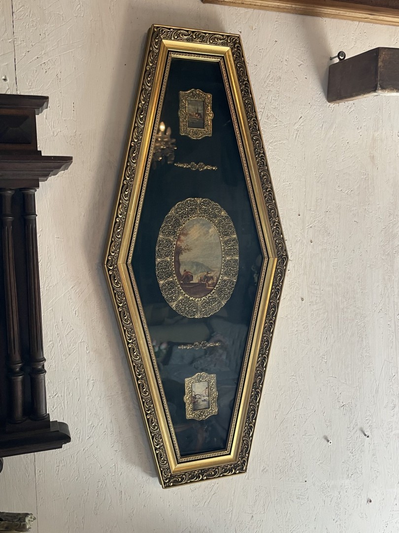 Mid-Century Ornate Hexagonal Framed Landscape Composition Gold Embossed Detailing (C. 1950S 1960S) 3Kg 33Cmx74Cm (Wxlxh)