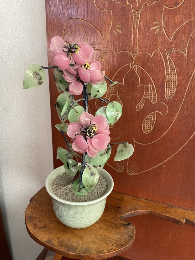 Vintage Jade And Glass Οrchid Flower In Celadon Pot - Delicate Asian Decorative Art 1Kg 10.5Cmx28Cm (Wxlxh)