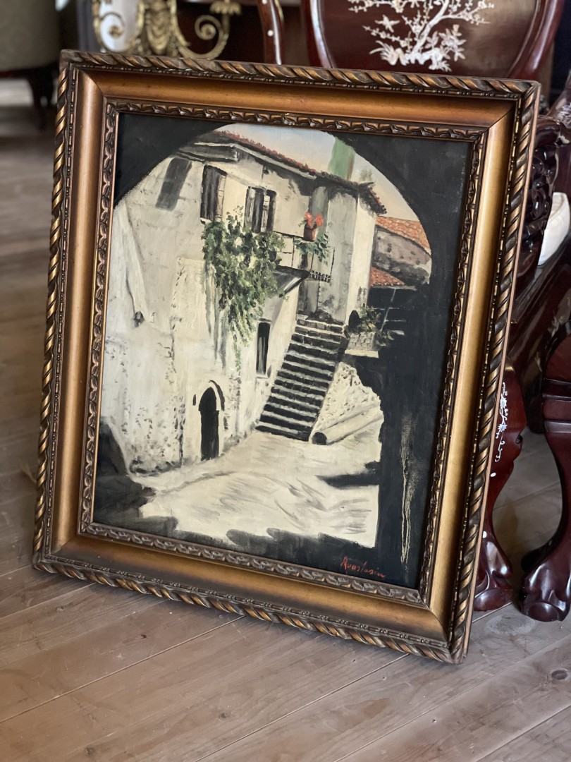 Early 20Th Century Original Oil Painting Of A Mediterranean Village Scene By Signed Artist 7Kg 58.5Cmx7.5Cmx67.5Cm (Wxlxh)