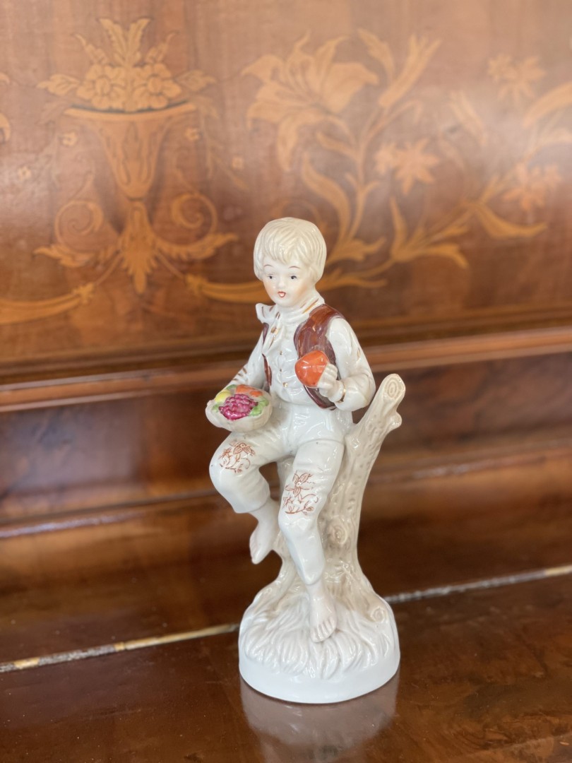 Mid-Century Vintage Porcelain Figurine Young Boy Holding Fruits 0.6Kg 21.5Cm (Wxlxh)