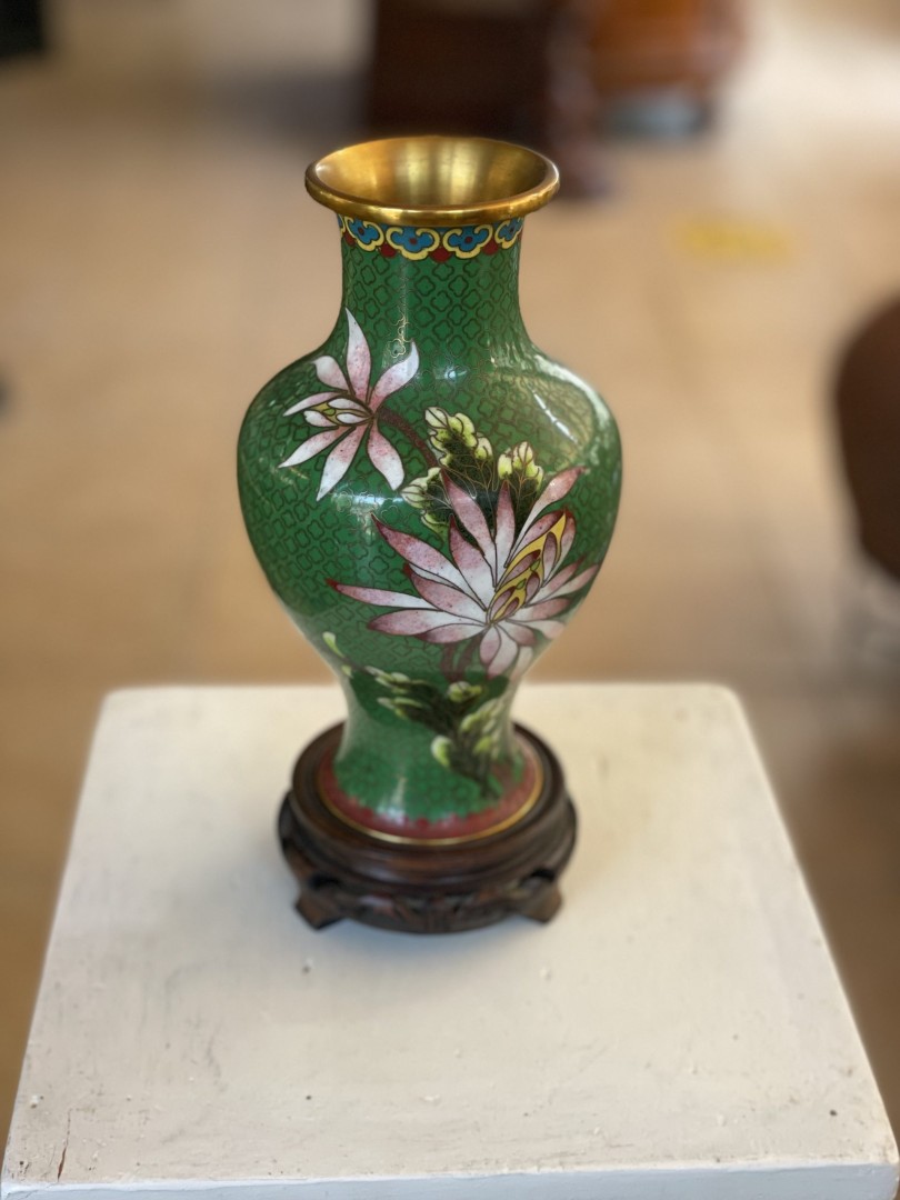 Exquisite Green Cloisonné Vase With Floral Motif On Wooden Stand 1.5Kg 10.5Cmx23.5Cm (Wxlxh)