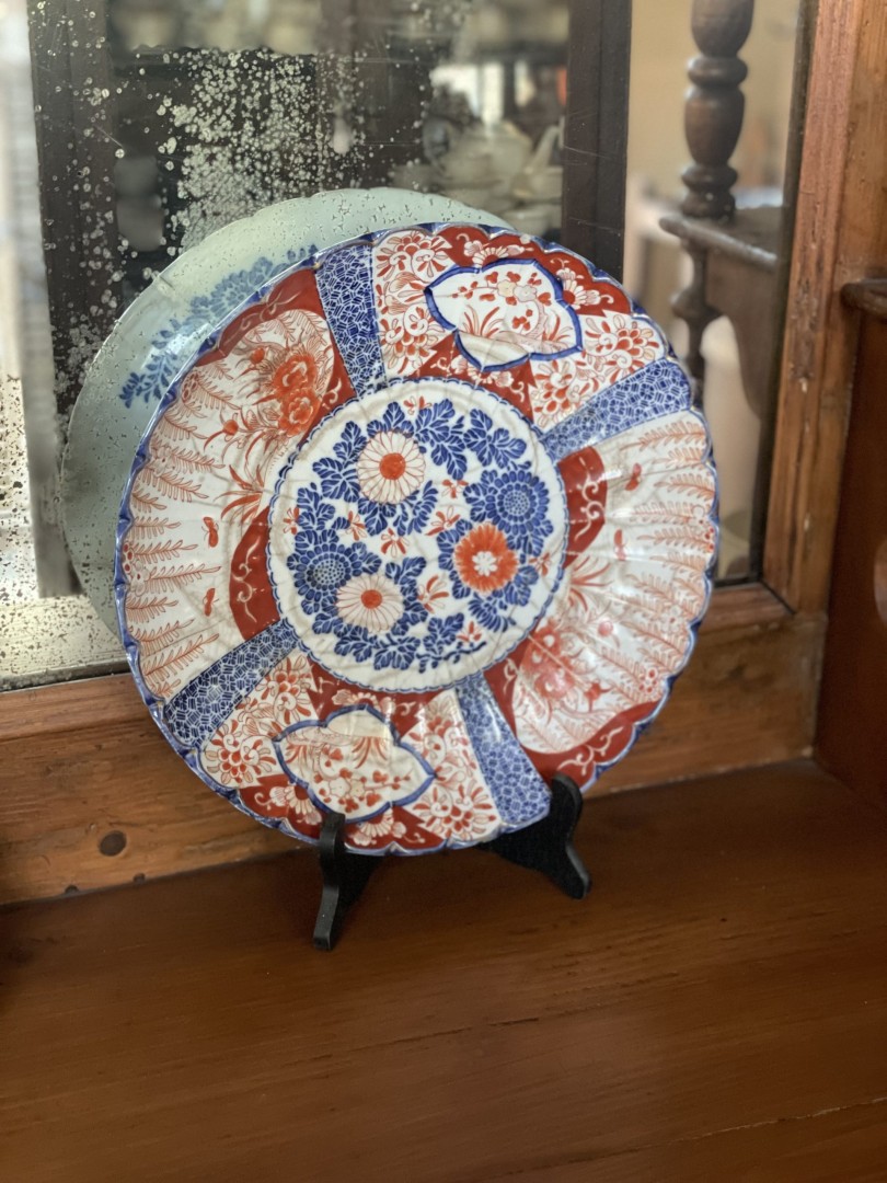 Antique Japanese Imari-Style Decorative Plate Hand-Painted Floral Design In Cobalt Blue & Iron Red 1.5Kg 30Cmx30Cm (Wxlxh)