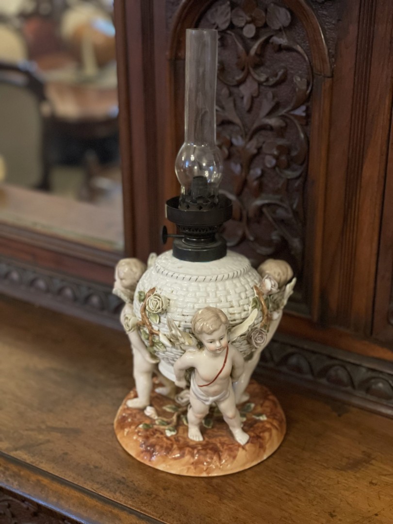 Antique Porcelain Oil Lamp With Cherubs & Roses Gaudard Burner Circa 1880-1910 Dresden-Style German Porcelain 5Kg 17Cmx17Cmx38Cm (Wxlxh)