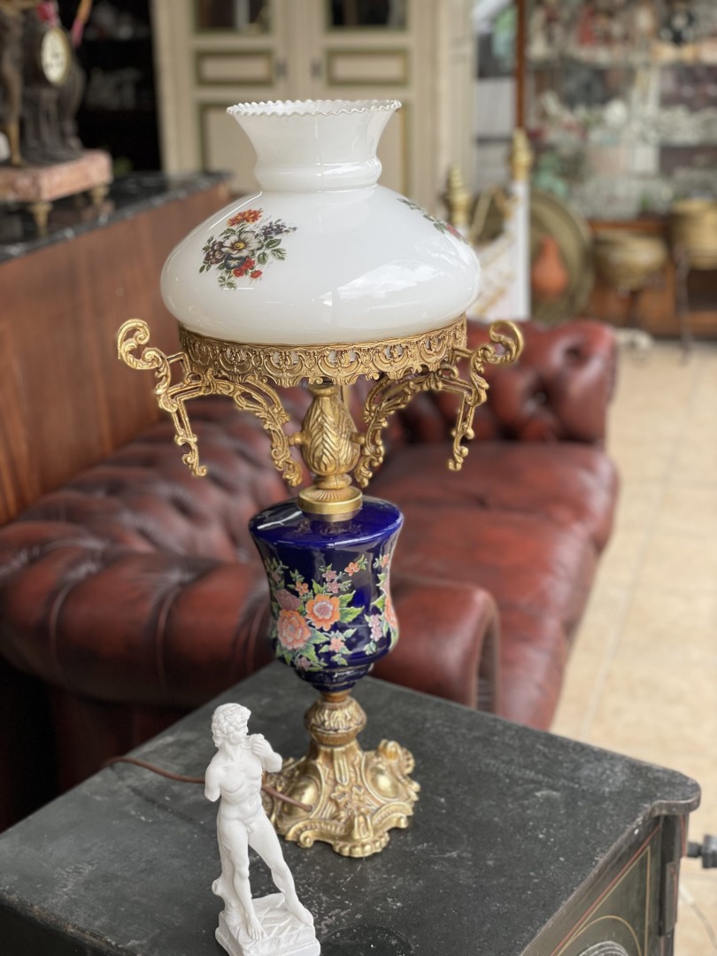 Antique Electric Table Lamp Victorian Style Floral Glass Shade Brass & Cobalt Blue Porcelain Painted Flowers Circa 1940S-1950S 5Kg 35Cmx35Cmx65Cm (Wxlxh)