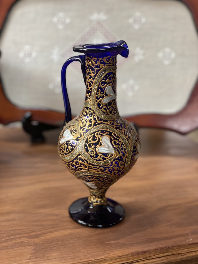 Antique Style Bohemian Cobalt Blue Glass Ewer Pitcher Hand-Painted Gold & Enamel Circa 1950S-1970S 1Kg 12Cmx12Cmx22Cm (Wxlxh)