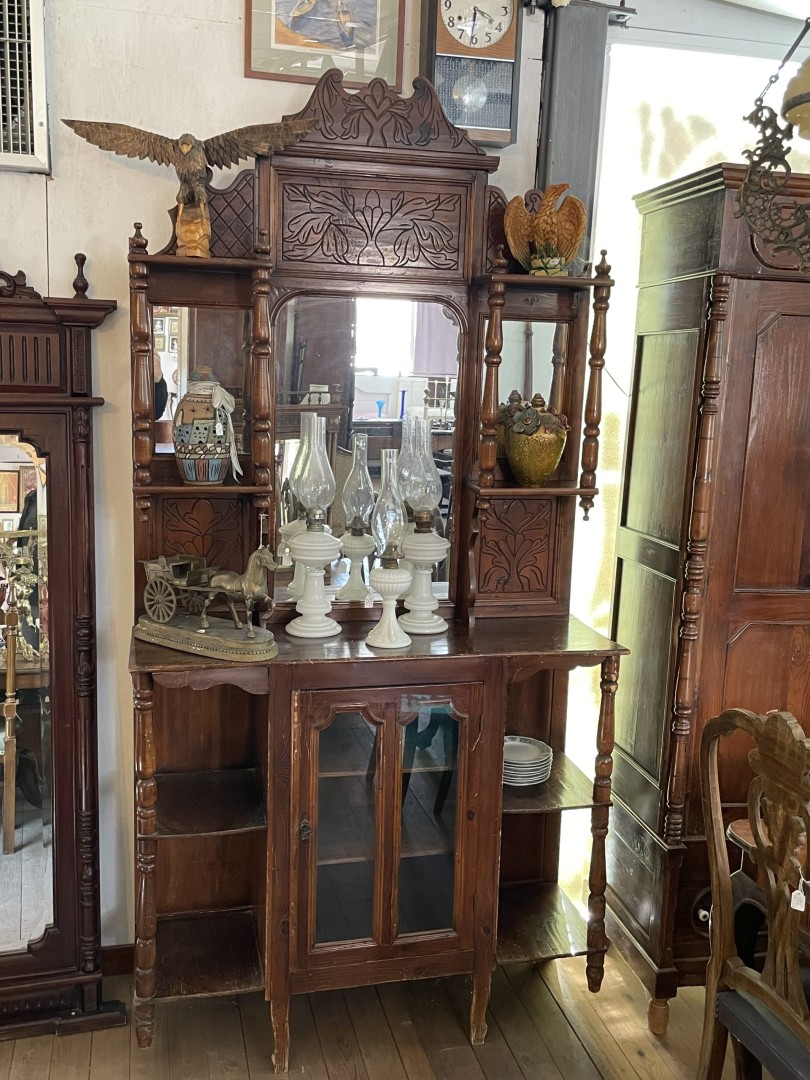 Vintage Cypriot Console With Mirror & Carved Shelves Circa 1950 Handmade Traditional Furniture 80Kg 117Cmx41Cmx232Cm (Wxlxh)