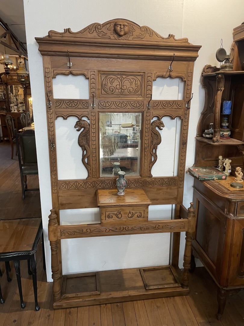 Handmade Cypriot Hall Tree With Mirror And Dragon Carvings Early 20Th Century 50Kg 117Cmx30Cmx213Cm (Wxlxh)