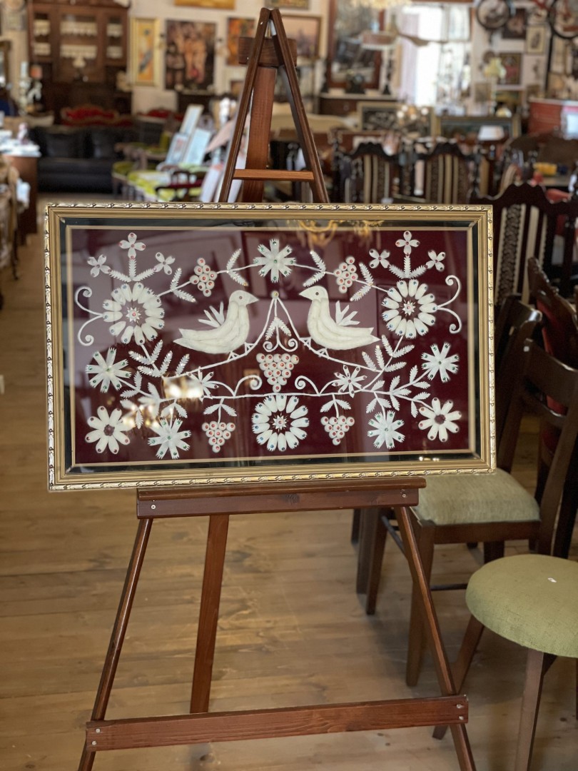 Vintage Cypriot Folk Art Frame With Doves Handmade Decorative Shell Work On Velvet Circa 1950S 1970S 5Kg 87Cmx53Cm (Wxlxh)